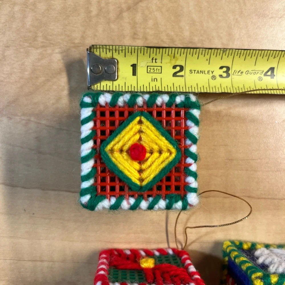 4 Vintage Handmade Plastic Canvas Christmas Block Ornaments